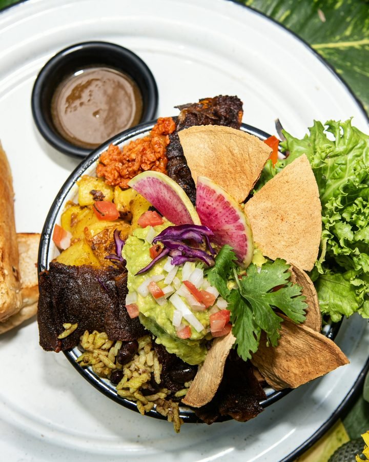 Vegan bowl from above with guacamole, radish, chips, rice and pickled cabbage at Liefs Tulum